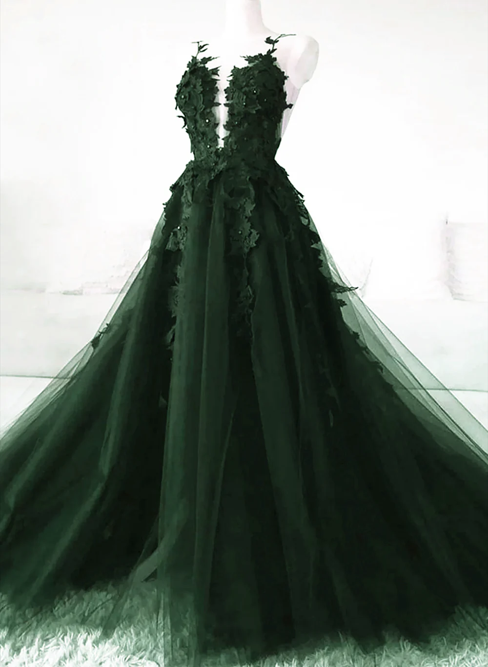 Green A-Line Tulle With Lace Low Back Prom Dress, Green Tulle Evening Dress Party Dress       S5078