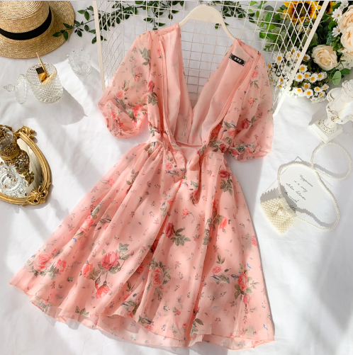 French Floral V Neck Summer Chiffon Dress    S4445