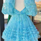 Blue Floral Print Short Baby Doll Homecoming Dress with Balloon Sleeves      S2614