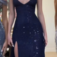 Sparkly Navy Blue Sequins Mermaid V-neck Long Evening Prom Dresses     S5207