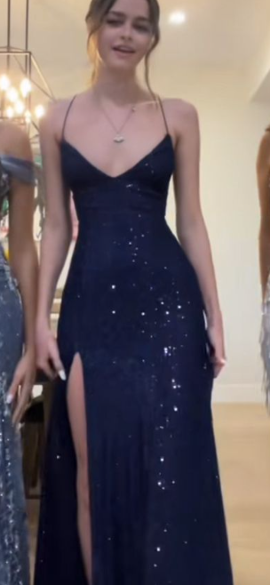 Sparkly Navy Blue Sequins Mermaid V-neck Long Evening Prom Dresses     S5207