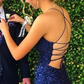 Navy Blue Sequin Long Robes de bal, sirène Cross Back Evening Party Robes    S3782