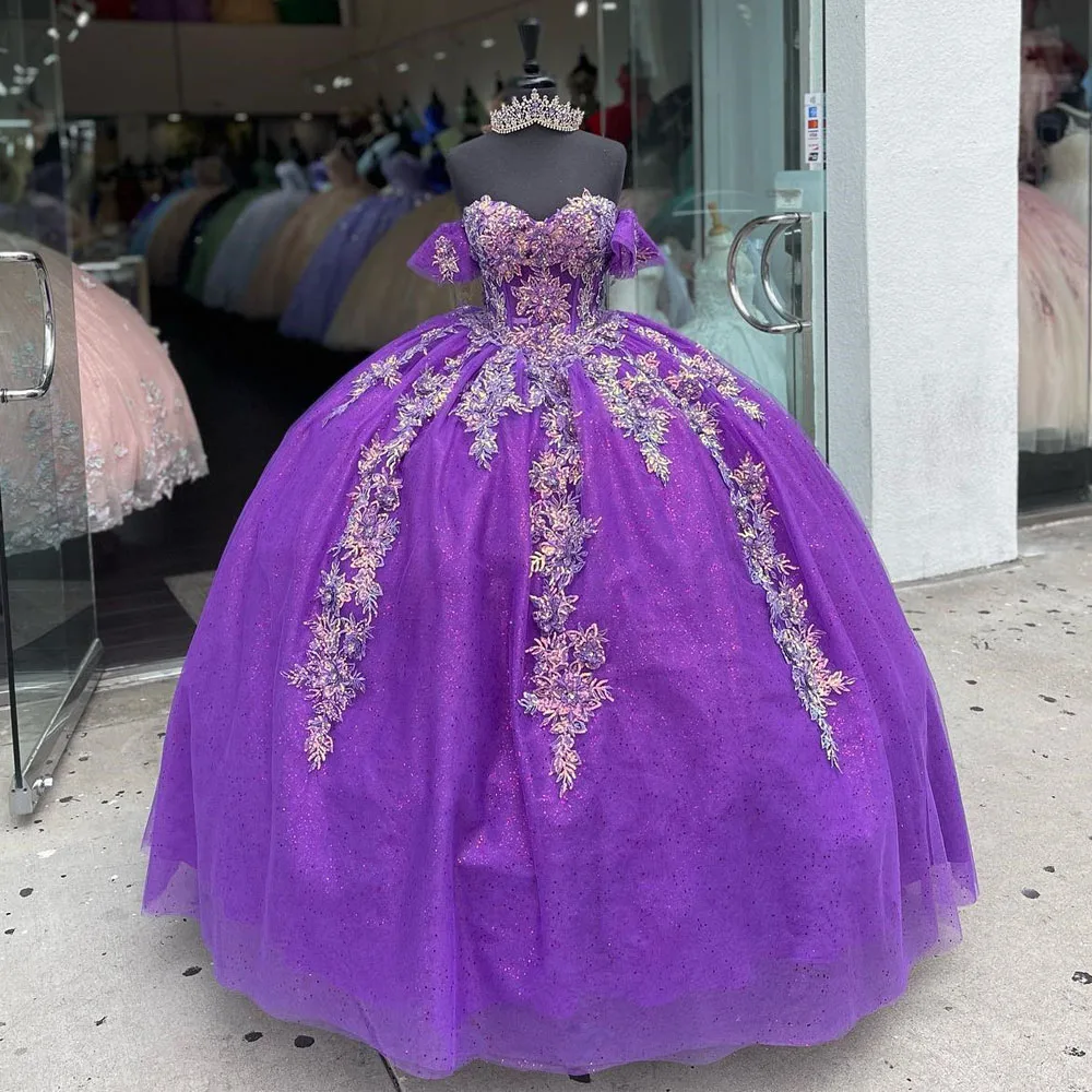 Purple Quinceanera Dresses Applique Flower Corset Graduation Gown        S3707