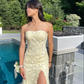 Pastel Yellow Lace Strapless Long Prom Dress With Side Slit     S4971