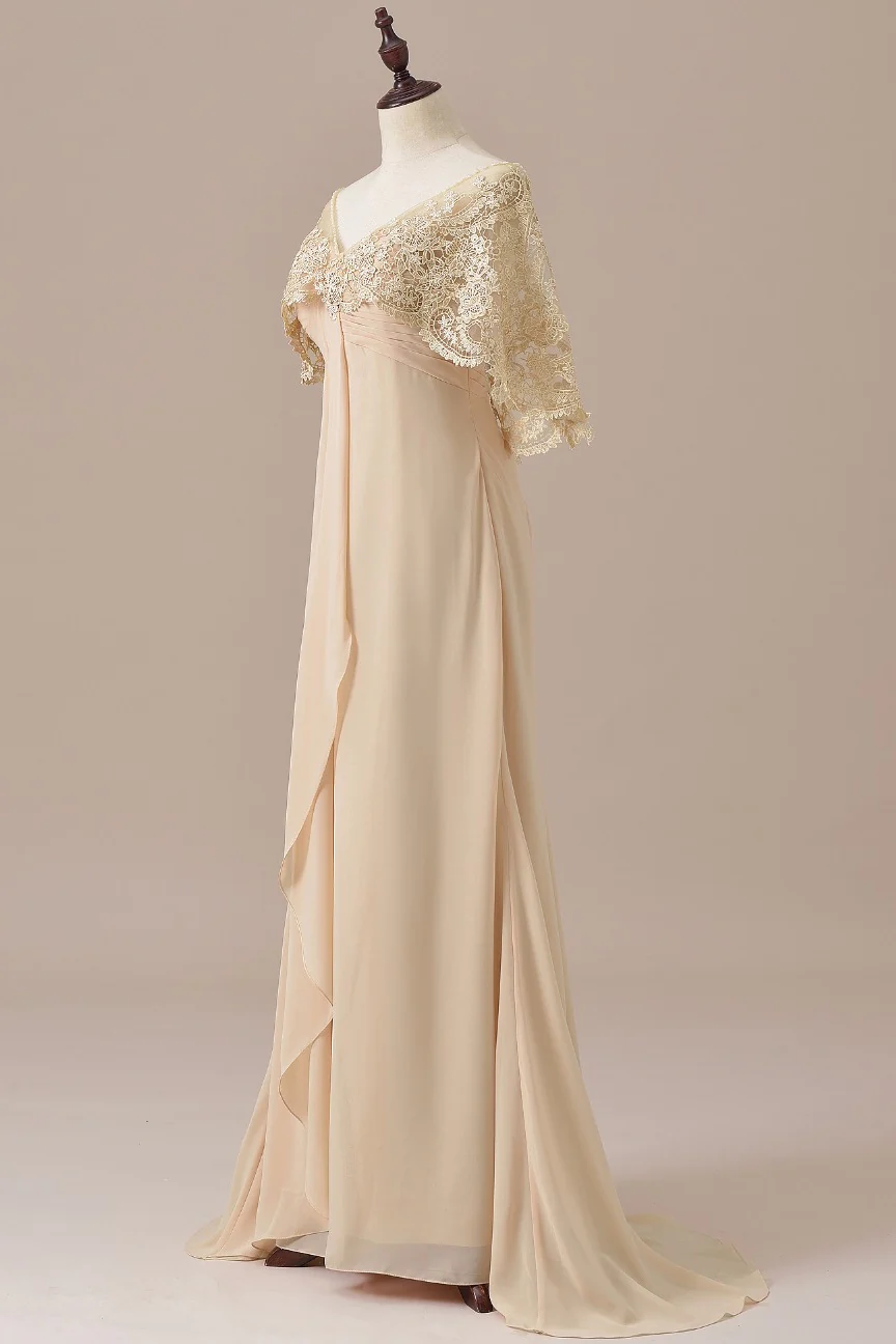 Ruffles Chiffon Long Mother of the Bride Dress with Lace Cape       S3687