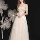 Champagne Lace Off the Shoulder Prom Dress, A-Line Evening Party Dress      S5147