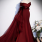 Burgundy V-Neck Satin Long Prom Dress, Mermaid Off Shoulder Evening Dress with Bow    S2575