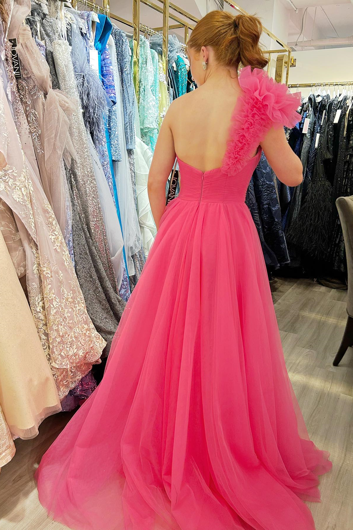 One Shoulder Hot Pink Pleated Long Formal Dress       S3629