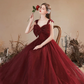Burgundy Tulle A Line Long Prom Dresses with Bow, Long Burgundy Formal Graduation Evening Dresses       S5386