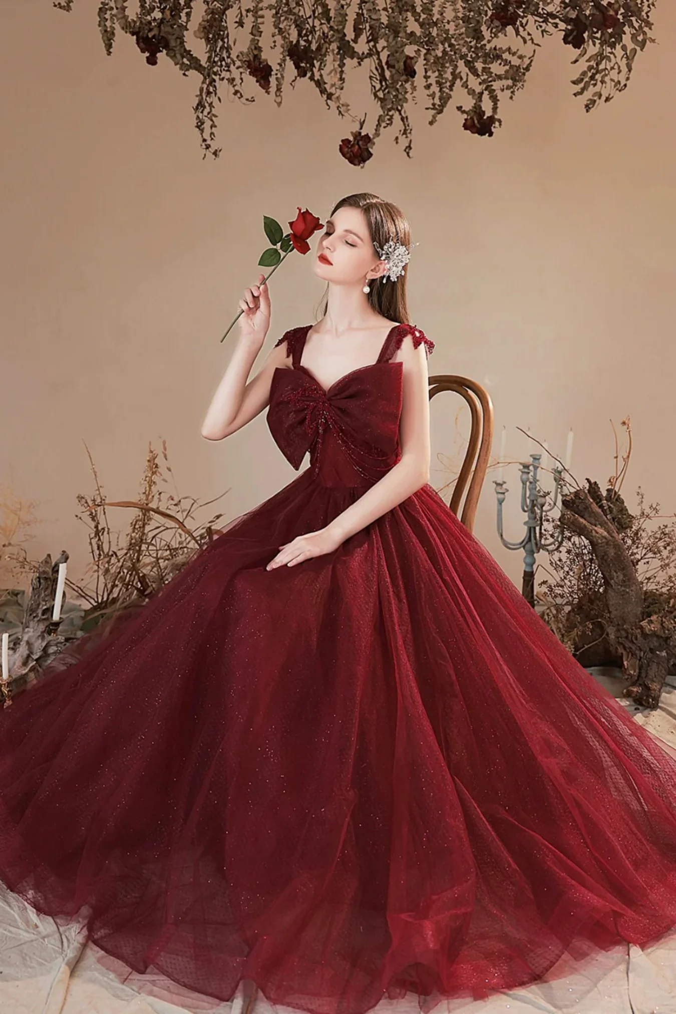 Burgundy Tulle A Line Long Prom Dresses with Bow, Long Burgundy Formal Graduation Evening Dresses       S5386