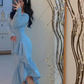 Mermaid Light Blue Women's Prom Dresses V Neck Long Sleeves Formal Occasion Dress Evening Dress       S5380