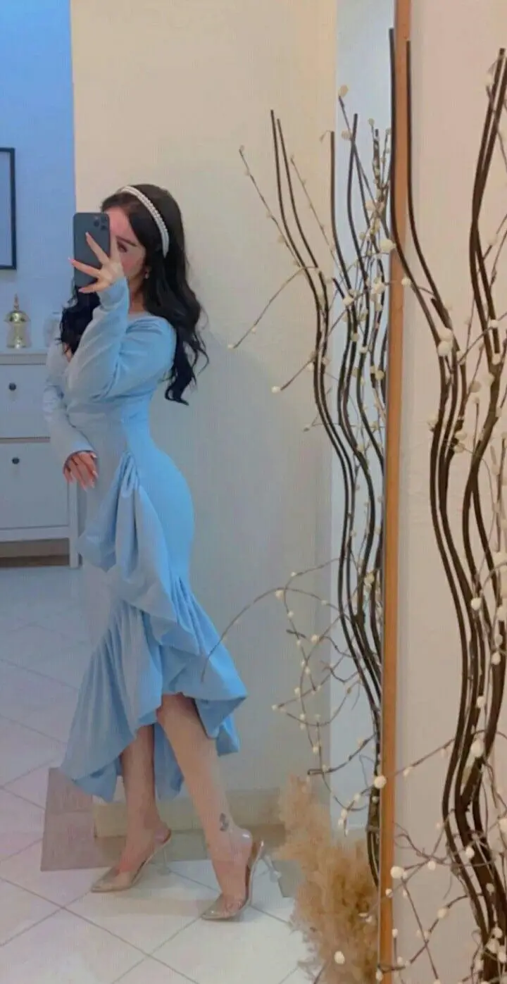 Mermaid Light Blue Women's Prom Dresses V Neck Long Sleeves Formal Occasion Dress Evening Dress       S5380