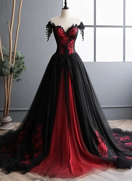 Elegant Black And Red Tulle With Lace Off Shoulder Gown, Black And Red Prom Dress      S5194