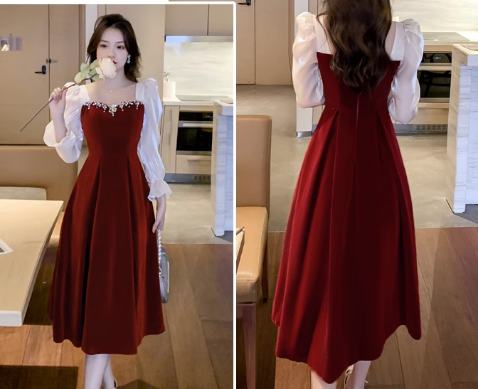 party burgundy long dress for women, evening dress for party    S3453