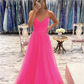 V Neck Hot Pink Tulle Long Prom Dresses, Hot Pink Tulle Long Formal Evening Dresses       S5121