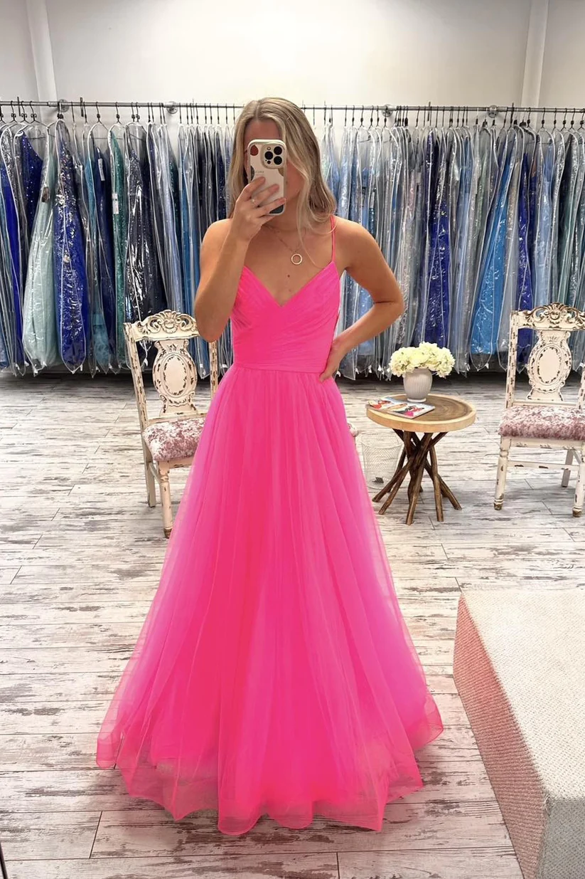 V Neck Hot Pink Tulle Long Prom Dresses, Hot Pink Tulle Long Formal Evening Dresses       S5121