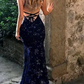 navy blue mermaid tulle and sequins long formal prom dress with v neckline and lace up back   S1564