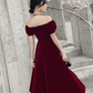 Wine Red Short Velvet Evening Dresses, Off Shoulder Prom Dresses Bridesmaid Dress       S5136