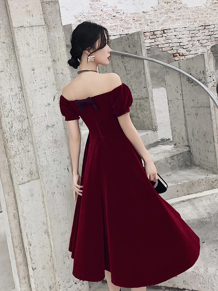 Wine Red Short Velvet Evening Dresses, Off Shoulder Prom Dresses Bridesmaid Dress       S5136