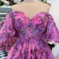 Floral Off the Shoulder Pleated Tulle Homecoming Dress       S2616