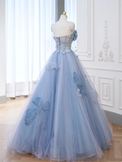 A-Line Blue Tulle Long Prom Dress, Blue Tulle Formal Dress      S4149