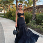 Spaghetti Strap Black Satin Dress Elegant Sleeveless Evening Dress     S5326