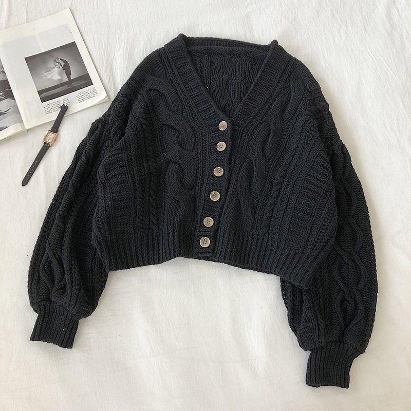 Autumn Winter Women's Cardigan Korean Style The Retro Solid Color V-neck Knitted Cardigan Loose Short Twist Sweater Coats     S2778