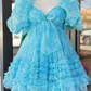 Blue Floral Print Short Baby Doll Homecoming Dress with Balloon Sleeves      S2614