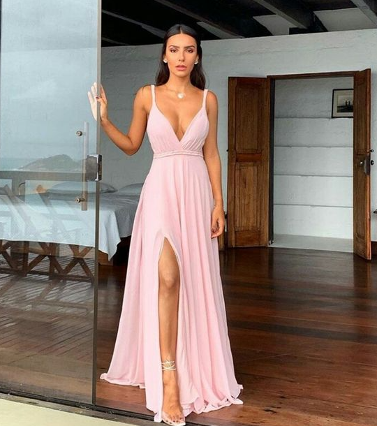 pink v neck long prom dress, pink evening dress     S4964