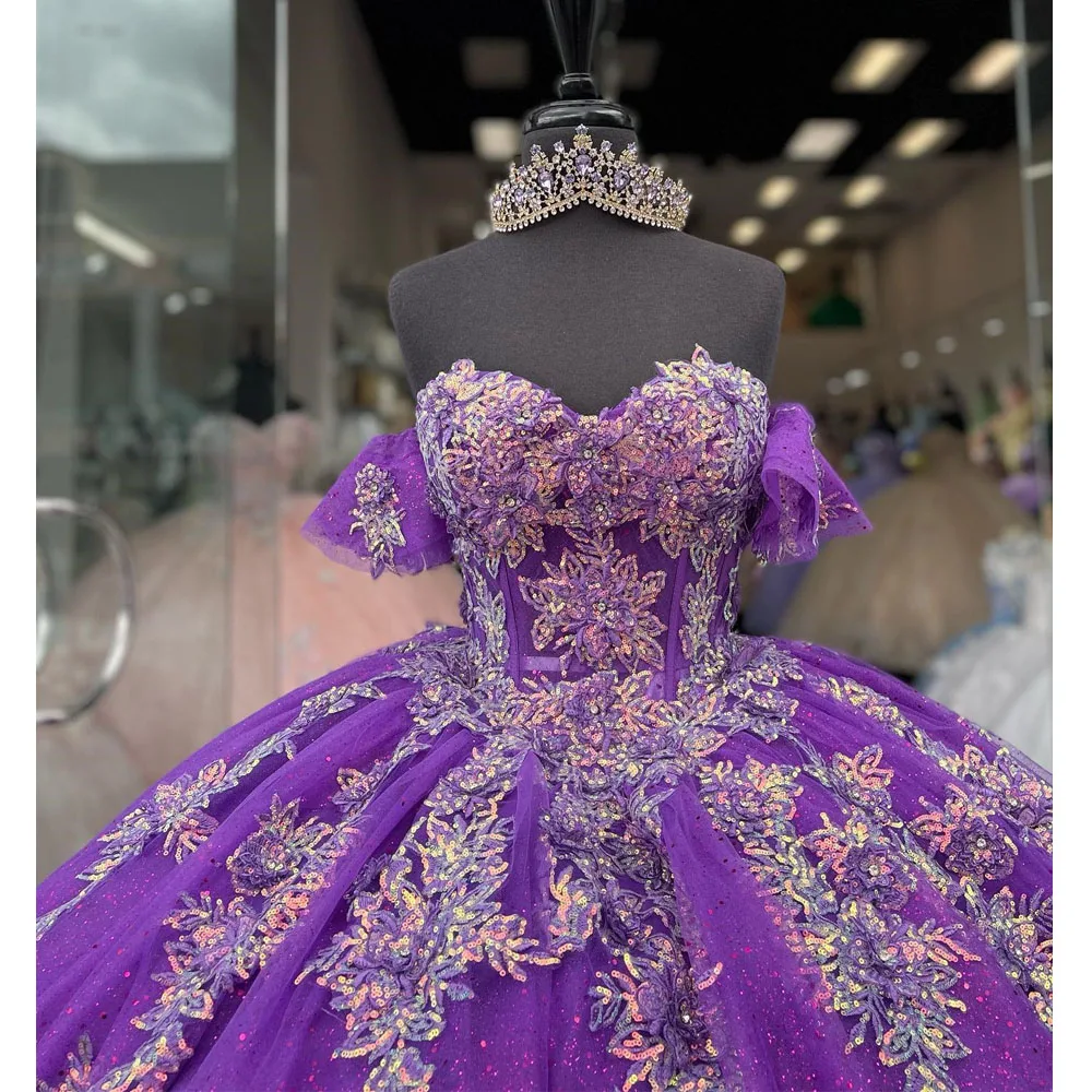 Purple Quinceanera Dresses Applique Flower Corset Graduation Gown        S3707