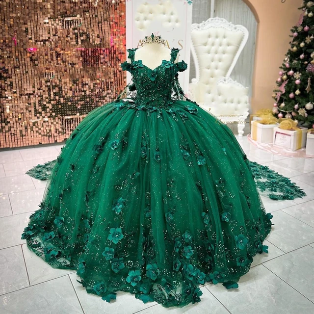 Emerald Green Beading Quinceanera Dresses 3D Applique Flower Mexican Corset Graduation Gown        S3705