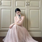 V Neck Light Pink Tulle A Line Prom Dress       S5356