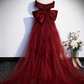 Burgundy V-Neck Satin Long Prom Dress, Mermaid Off Shoulder Evening Dress with Bow    S2575