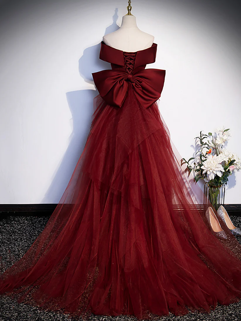 Burgundy V-Neck Satin Long Prom Dress, Mermaid Off Shoulder Evening Dress with Bow    S2575