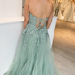 Princess Green Appliques A-line Sweetheart Tulle Long Prom Dress      S3628