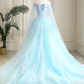 Blue Sweetheart Neck Tulle Lace Long Prom Dress, Blue Evening Dress      S5099