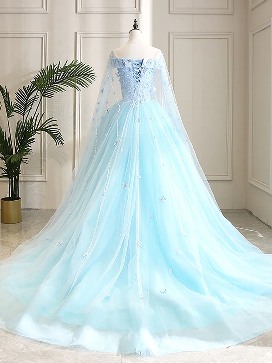 Blue Sweetheart Neck Tulle Lace Long Prom Dress, Blue Evening Dress      S5099