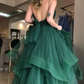Green Prom Dresses Spaghetti Strap A-Line Tiered Tulle Backless Floor Length Evening Party Gown      S3612