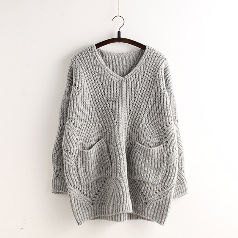 Pocket Loose Knit Cable Hollow Solid Color Sweater      S3047