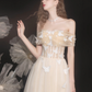 Champagne Lace Off the Shoulder Prom Dress, A-Line Evening Party Dress      S5147