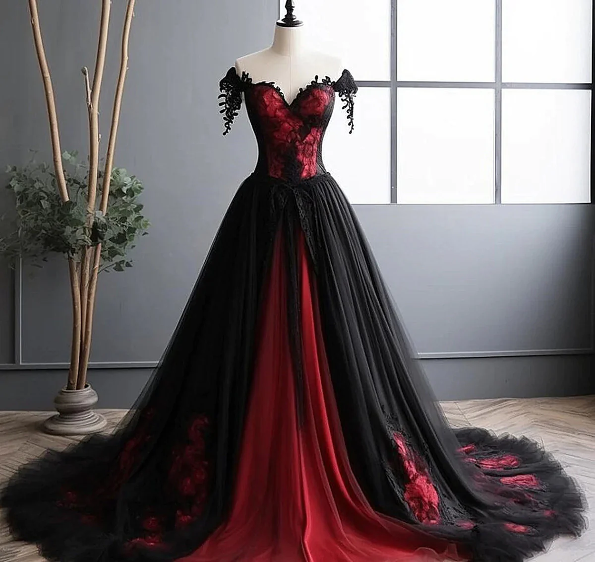 Elegant Black And Red Tulle With Lace Off Shoulder Gown, Black And Red Prom Dress      S5194