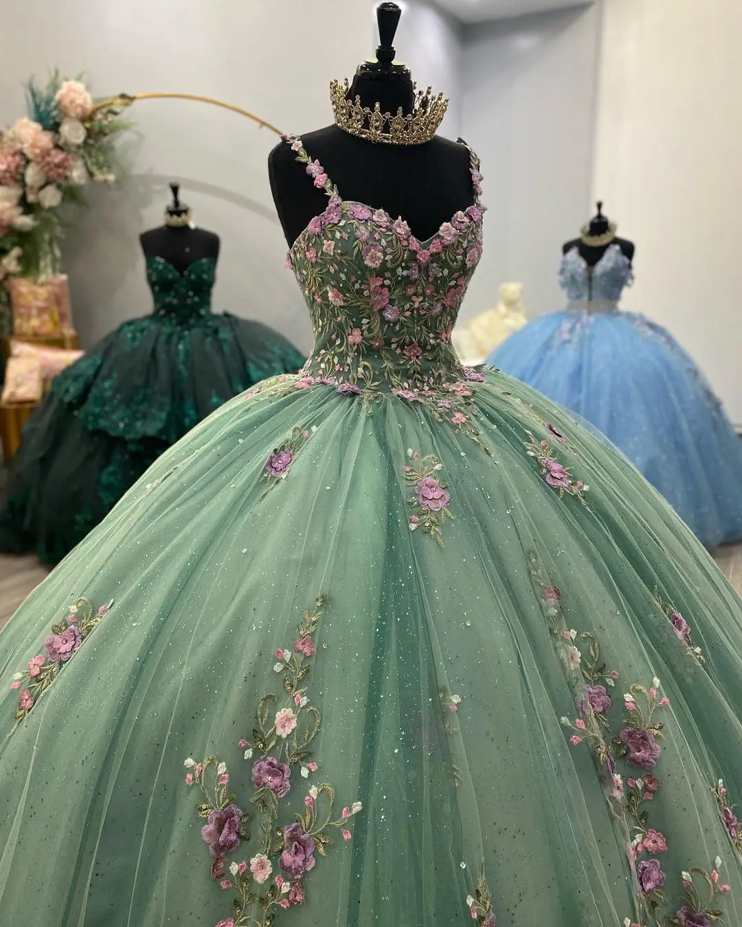 Floral Embroidered 3D Flowers Quinceanera Gown  for Girls      S5093