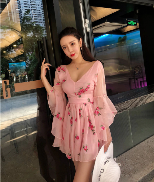 Summer Flower Embroidery Light Pink Dress      S4449