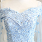 Blue Sweetheart Neck Tulle Lace Long Prom Dress, Blue Evening Dress      S5099