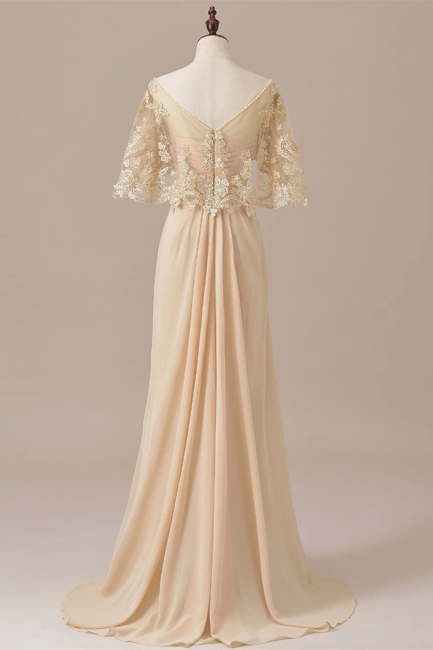 Ruffles Chiffon Long Mother of the Bride Dress with Lace Cape       S3687