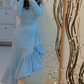 Mermaid Light Blue Women's Prom Dresses V Neck Long Sleeves Formal Occasion Dress Evening Dress       S5380