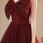 Burgundy Tulle A Line Long Prom Dresses with Bow, Long Burgundy Formal Graduation Evening Dresses       S5386