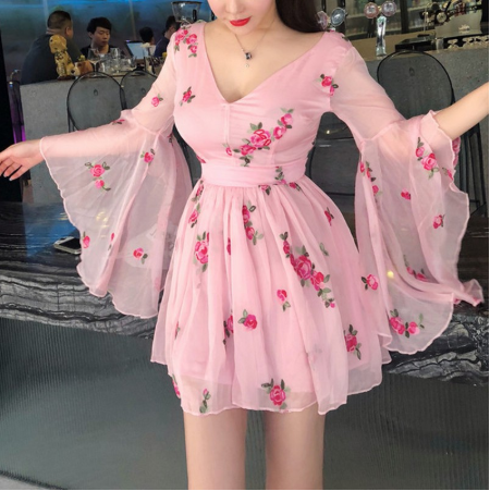 Summer Flower Embroidery Light Pink Dress      S4449