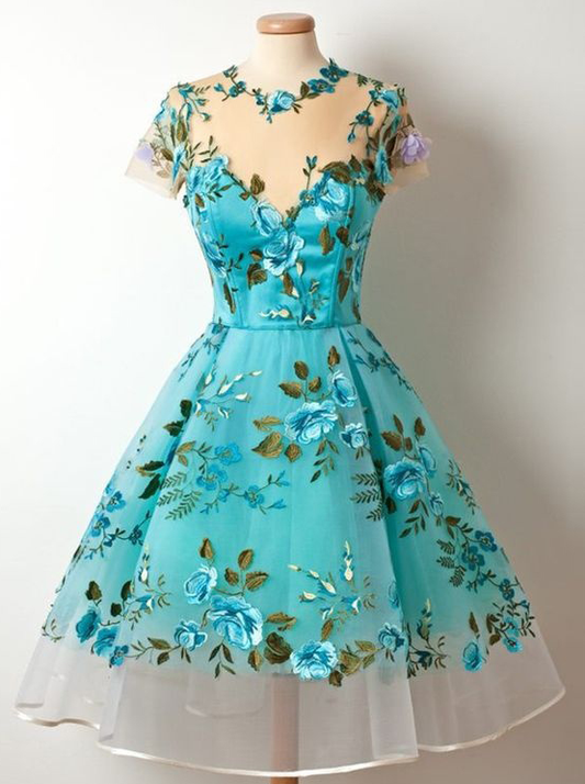 Short Sleeved Sheer Floral Embroidered Short Homecoming Dress, Formal Dress     S2755