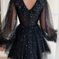 Black V-Neck Tulle Short Prom Dress, Cute Long Sleeve Homecoming Party Dress    S2574